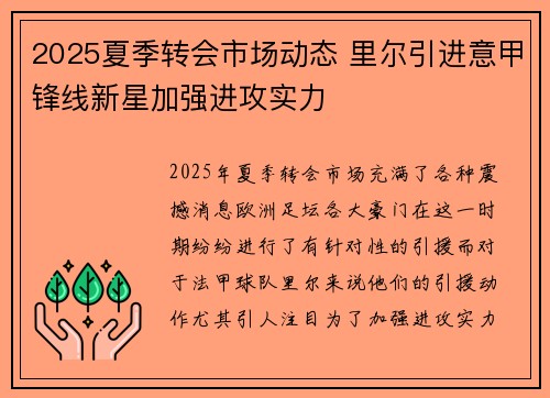 2025夏季转会市场动态 里尔引进意甲锋线新星加强进攻实力